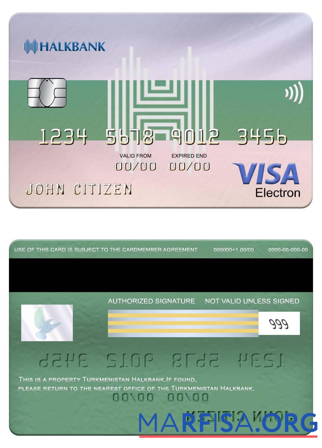 Realistic Turkmenistan Halkbank visa electron card example